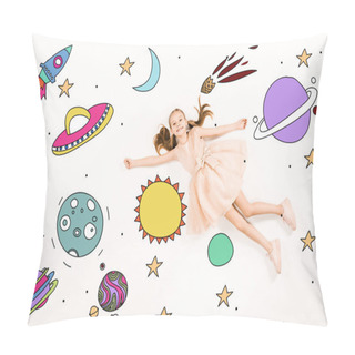 Personality  Top View Of Cheerful Kid In Pink Dress Flying In Space On White  Pillow Covers