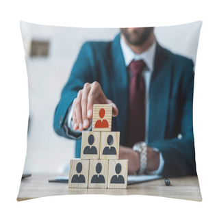 Personality  Selective Focus Of Wooden Cubes Near Bearded Recruiter In Office  Pillow Covers