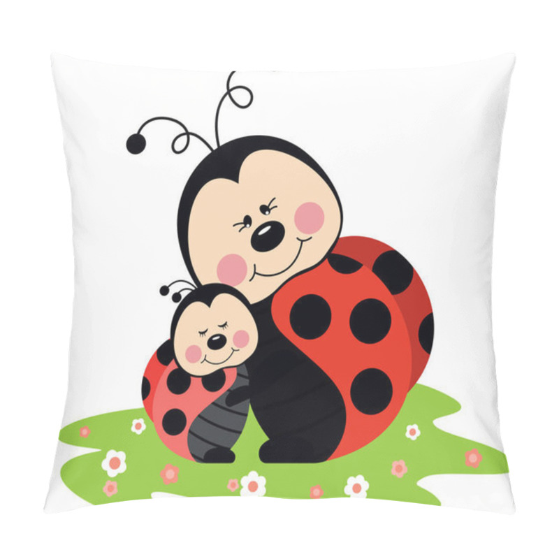 Personality  Mum ladybird hugging son ladybird in garden pillow covers