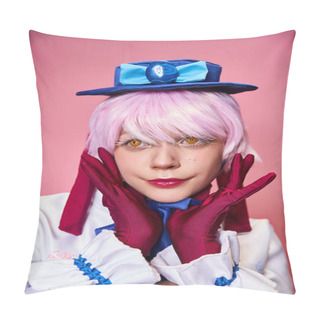 Personality  Appealing Fashionable Woman Cosplaying Cute Anime Character And Looking Away On Pink Backdrop Pillow Covers