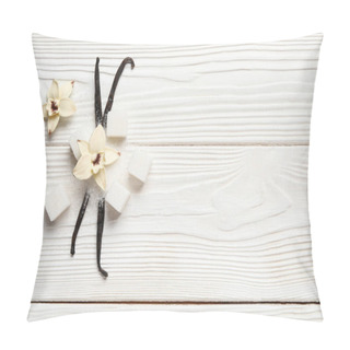 Personality  Aromatic Vanilla Sugar, Flowers And Sticks On White Wooden Background Pillow Covers