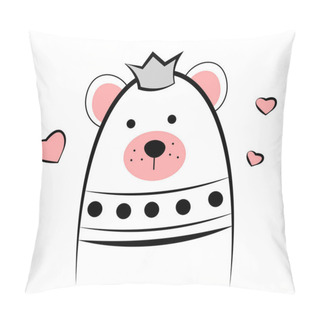 Personality  Bear Wearing A Crown On A White Background. Doodle. Vector Illustration Pillow Covers