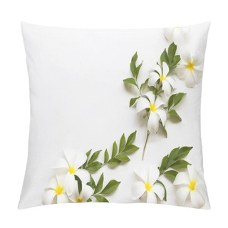 Personality  White Flowers Frangipani Local Flora Of Asia Arrangement Flat Lay Postcard Style On Background White  Pillow Covers
