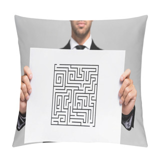 Personality  Cropped View Of Businessman Holding Paper With Labyrinth Isolated On Grey  Pillow Covers
