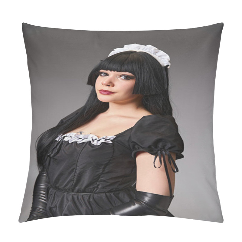 Personality  Luscious Sexy Female Cosplayer In Tempting Maid Costume Looking At Camera On Gray Background Pillow Covers