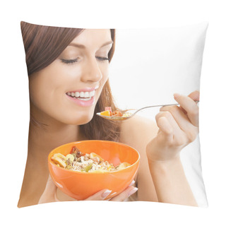 Personality  Cheerful Woman Eating Muslin, Over White Pillow Covers