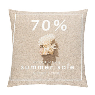 Personality  Top View Of Coral Lying On Sandy Beach With Summer Sale Sign Pillow Covers