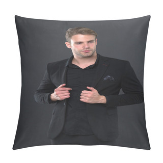 Personality  Confident In Every Detail. Man Well Groomed Elegant Black Formal Suit Handkerchief Pocket Dark Background. Macho Confident Perfect Outfit. Guy Office Worker Handsome Perfect Confident Appearance Pillow Covers
