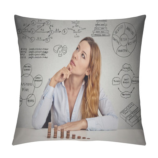 Personality  Businesswoman Calculating Risks Of New Project Implementation Pillow Covers