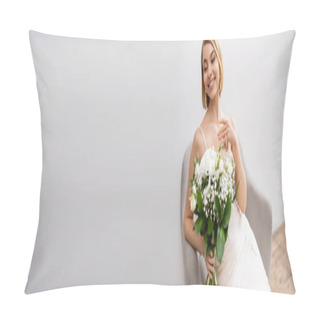 Personality  Cheerful And Blonde Bride In Wedding Dress Sitting In Armchair And Holding Bouquet On Grey Background, White Flowers, Bridal Accessories, Happiness, Special Occasion, Beautiful, Feminine, Banner Pillow Covers