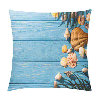 Personality  Top View Of Seashells And Palm Leaves On Wooden Blue Background Pillow Covers