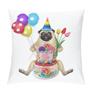 Personality  The Pug Dog In A Birthday Hat With Colored Balloons And Flowers Is Sitting Near A Two Tiered Cake. White Background. Isolated. Pillow Covers
