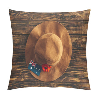 Personality  Top View Of Artificial Flower, Felt Hat And Australian Flag On Wooden Surface, Anzac Day Concept  Pillow Covers