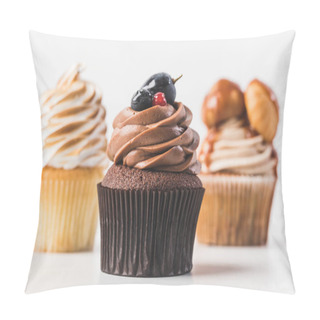 Personality  Selective Focus Of Sweet Cupcakes With Cream Isolated On White Pillow Covers