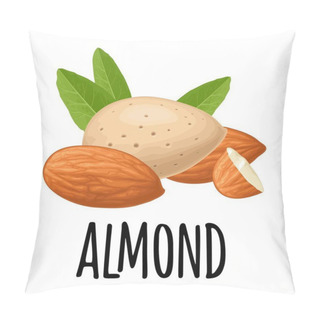 Personality  Handwriting Lettering Almond. Set Whole And Half Nut Seed With Green Leaves. Vector Color Realistic Illustration. Isolated On White Background. Pillow Covers
