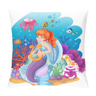 Personality  Set Of Mermaid And Sea Animals Cartoon Style On Under Sea Background Illustration Pillow Covers