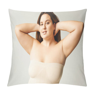 Personality  Sensual Woman With Plus Size Body Touching Hair And Posing In Beige Strapless Top In Studio Isolated On Grey Background, Body Positive, Self-love, Looking At Camera, Self-esteem  Pillow Covers
