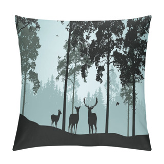 Personality  Landscape With Green Forest, Deer And Birds Pillow Covers