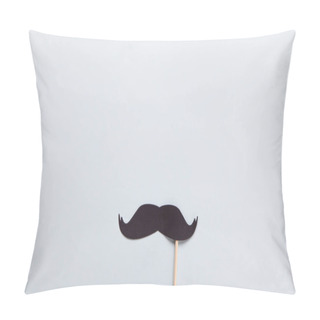 Personality  Accessory In Form Of Black Moustache On Stick On Grey Background With Place For Text. Concept Mens Health, Prostate Cancer Awareness Month, No Shave, Charity, Fathers Day. Horizontal. Flat Lay Pillow Covers