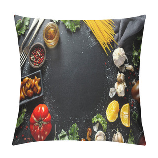 Personality  Food Background With Ingredients For Cooking On Dark Table. Italian Kitchen.  Pillow Covers