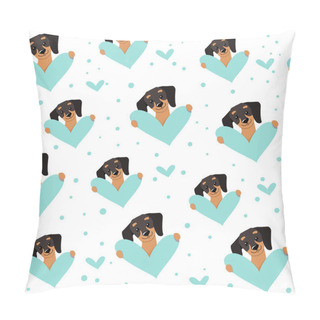 Personality  Dachshund Dogs And Blue Hearts Seamless Pattern Background. Valentines Day. Vector Cartoon Doodle Illustration Pillow Covers