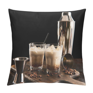 Personality  White Russian Cocktail In Glasses With Straws On Wooden Board With Coffee Grains And Shaker Isolated On Black Pillow Covers