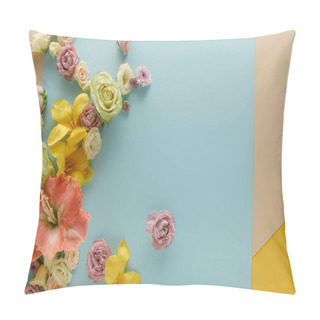 Personality  Top View Of Spring Flowers On Beige, Blue And Yellow Background Pillow Covers