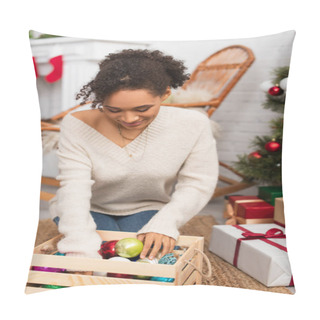 Personality  African American Woman Looking At Box With Christmas Balls Near Gifts At Home  Pillow Covers