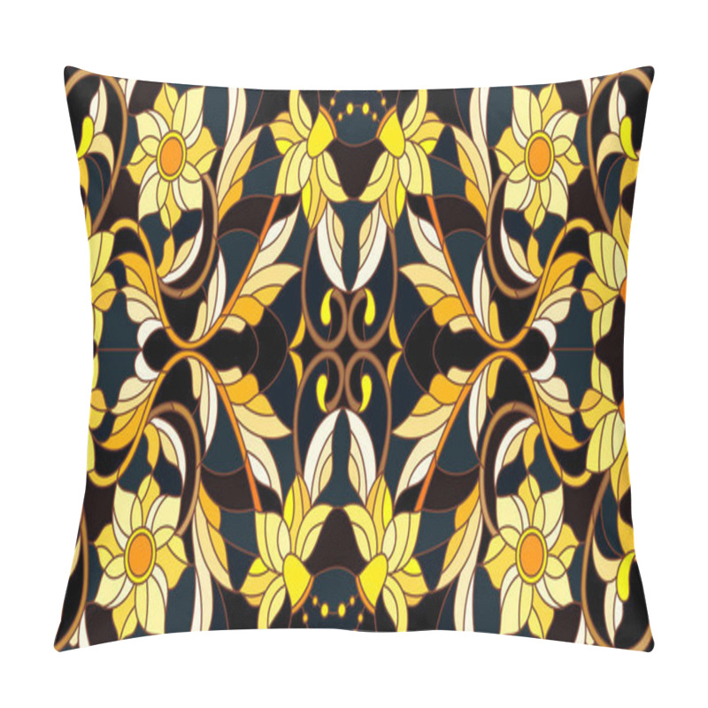 Personality  Illustration in stained glass style with floral ornament ,imitation gold on dark background with swirls and floral motifs pillow covers