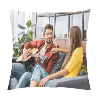 Personality  Young Handsome Man Sitting On Sofa In Living Room And Playing Acoustic Guitar For Girlfriend Pillow Covers