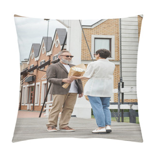 Personality  Happy Elderly Man With Beard And Sunglasses Giving Bouquet To Woman On Urban Street, Date, Romance Pillow Covers