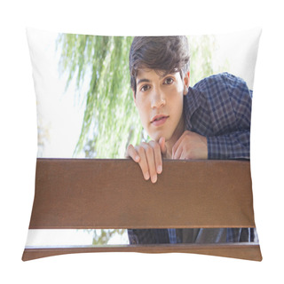 Personality  Boy Sitting And Relaxing On A Wooden Park Bench Pillow Covers