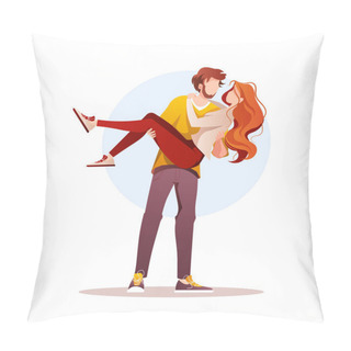Personality  Young Couple In Love. Loving Man Holding Woman In His Arms. Relationship, Love, Valentines Day, Romantic Concept. Isolated Vector Illustration For Banner, Postcard, Poster, Card. Pillow Covers