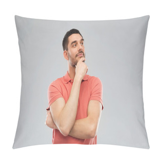 Personality  Man In Polo T-shirt Thinking Over Gray Background Pillow Covers