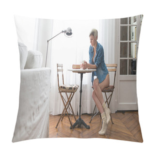 Personality  Intimate Full Body Portrait Of Beautiful Woman Having Breakfast At Home. Pillow Covers