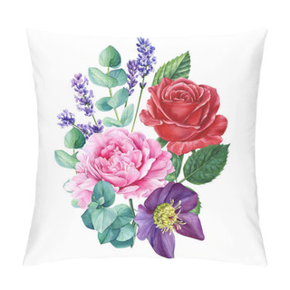 Personality  Set Of Bright Plants And Flowers On A White Background, Watercolor Hand Drawing, Palm Leaves, Rose, Peony, Lavender, Sunflower, Orchid, Eucalyptus, Dahlia And Hellebore. High Quality Illustration Pillow Covers