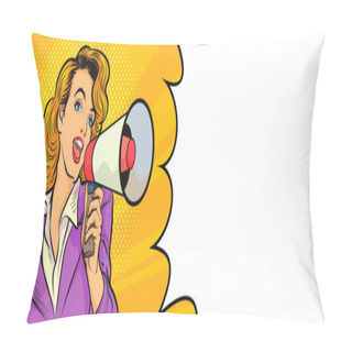 Personality  Beautiful Woman With Megaphone Pop Art Retro Vector Illustration. Woman With Loudspeaker. Female Announcing Discount Or Sale. Special Offer, Shopping Time, Protest Or Meeting.for Banner Pillow Covers