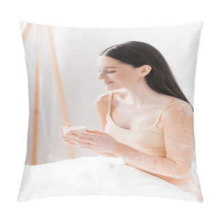 Personality  Young Happy Woman With Vitiligo Holding Cup Of Coffee Pillow Covers
