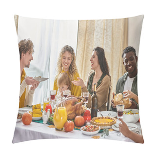 Personality  Happy Multiracial Family And Friends Gathering At Thanksgiving Table With Various Meals And Drinks Pillow Covers