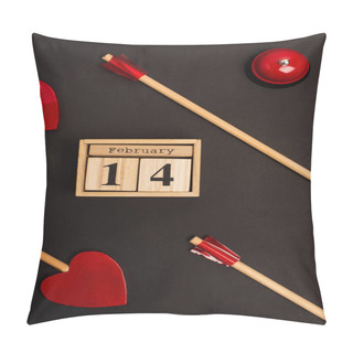 Personality  Top View Of Heart-shaped Arrows Near Wooden Cubes With 14 February Lettering And Bell Isolated On Black  Pillow Covers