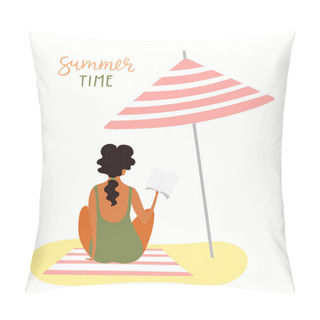 Personality  Hand Drawn Vector Illustration Of A Happy Woman Reading On Beach With Lettering Quote Summer Time Isolated On White Background, Summer Poster  Pillow Covers