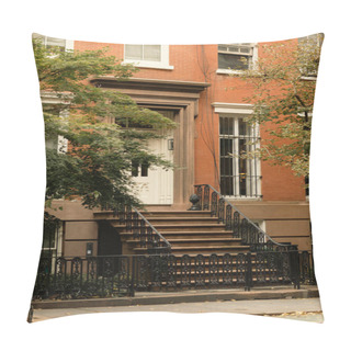Personality  Brick House With White Windows And Entrance With Stairs Near Autumn Trees On Street In New York City Pillow Covers