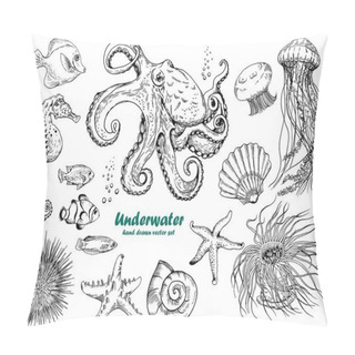 Personality  Set Of Underwater Creatures, Octopus, Jellyfish, Starfish, Seahorse, Sea Urchin, Shells And Tropical Fishes.  Pillow Covers