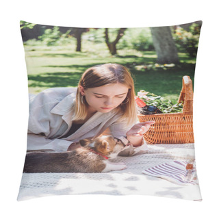 Personality  Cute Puppy Leaking Girl Hand During Picnic In Garden Pillow Covers