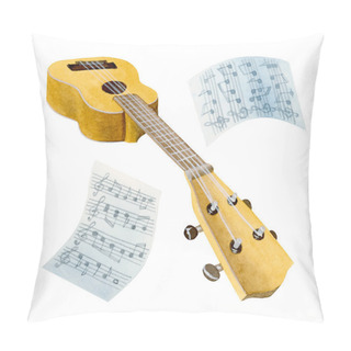 Personality  Side Angle View Of An Isolated Yellow Soprano Ukulele, Headstock Close Up, Two Music Sheet Papers Flying Around Pillow Covers