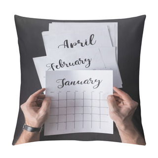 Personality  Partial View Of Man Holding Calendar In Hands Isolated On Black Pillow Covers
