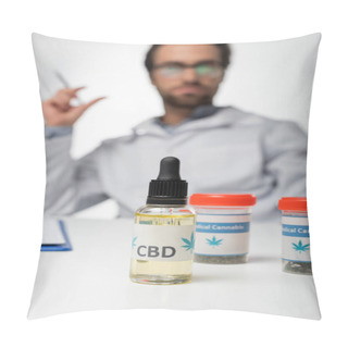 Personality  Selective Focus Of Cbd Oil And Dry Medical Cannabis Near Blurred Physician Isolated On White Pillow Covers