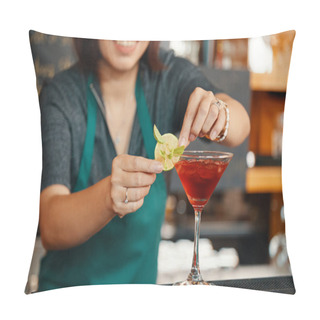 Personality  Smiling Bartender Putting Lime Slice On Rim Of Cherry Margarita Glass Pillow Covers