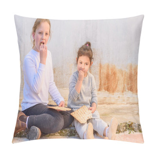 Personality  Cute Schoolgirls Eating Outdoors. Pillow Covers
