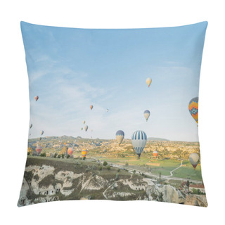Personality  Front View Of Colorful Hot Air Balloons Flying Over City In Cappadocia, Turkey Pillow Covers